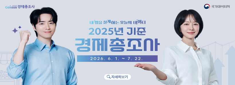 2025census경제총조사 로고 국가데이터처 로고내일을 설계하는 오늘의 데이터 2025년 기준 경제총조사 2026. 6. 1. ~ 7. 22. 자세히보기 버튼